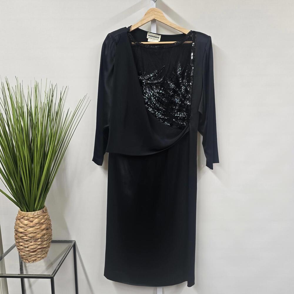Mimmina Arezzo Italy Black Sequin Mesh Draped Long Sleeve Midi Dress Size‎ 42